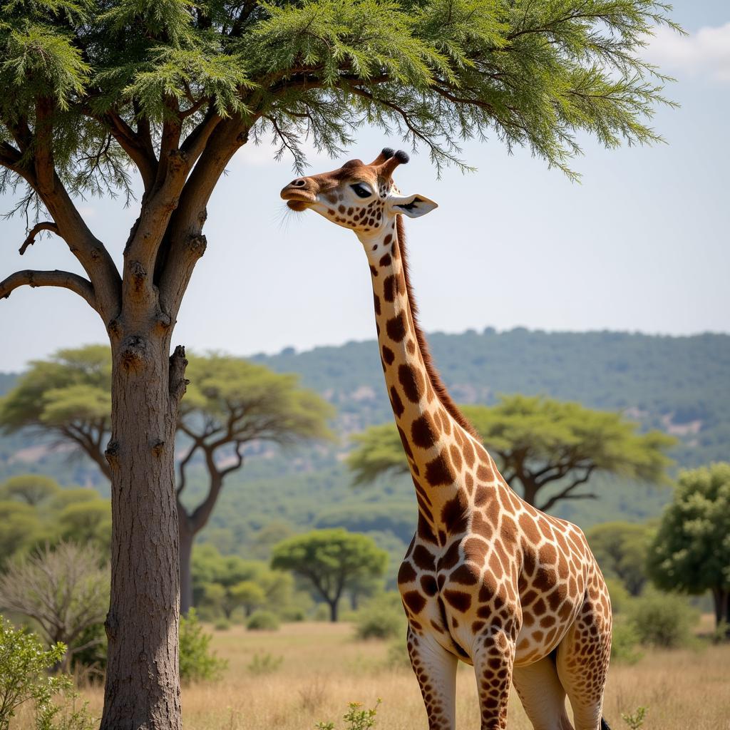 West African giraffe feeding on an acacia tree in its natural habitat