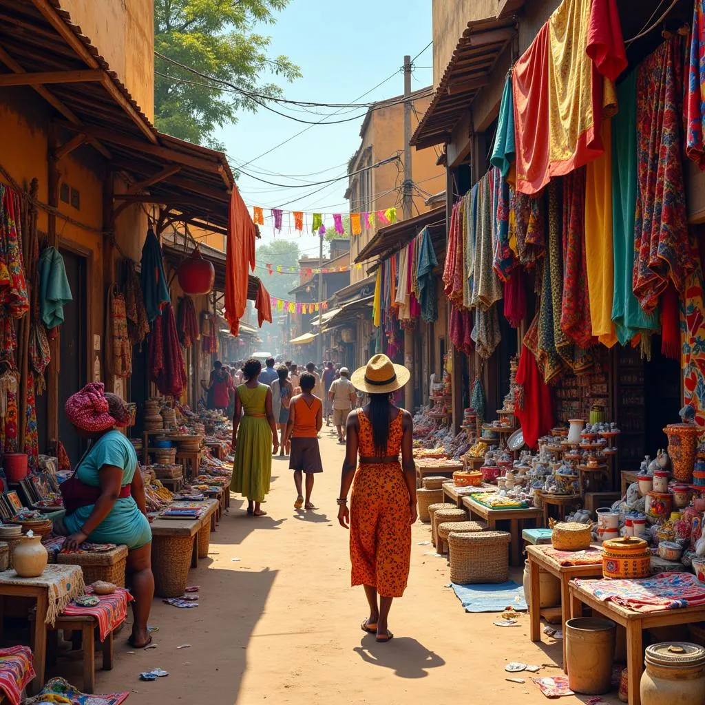 Bustling West African market showcasing vibrant textiles and local crafts