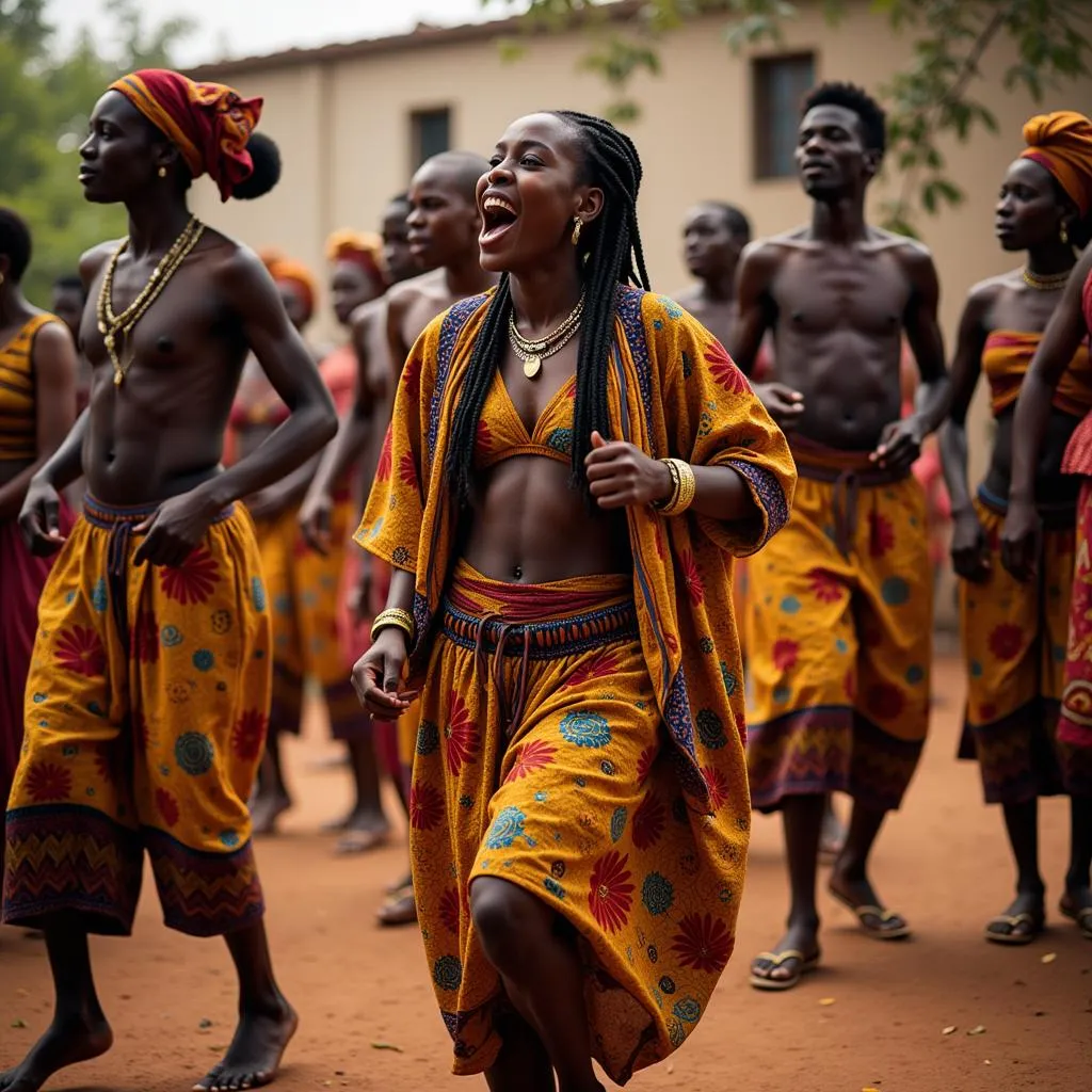 A group of dancers performing a traditional West African dance