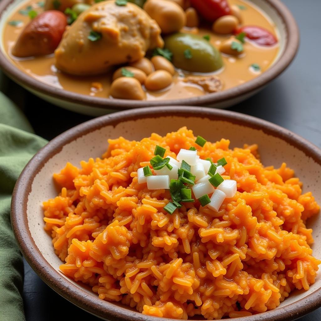 West African peanut stew and jollof rice displayed side by side