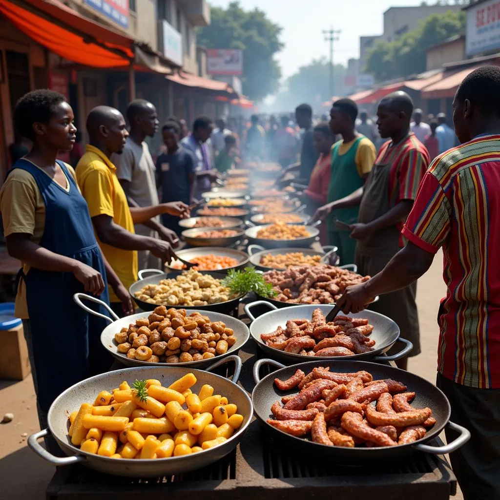 West African street food vendors preparing and serving food