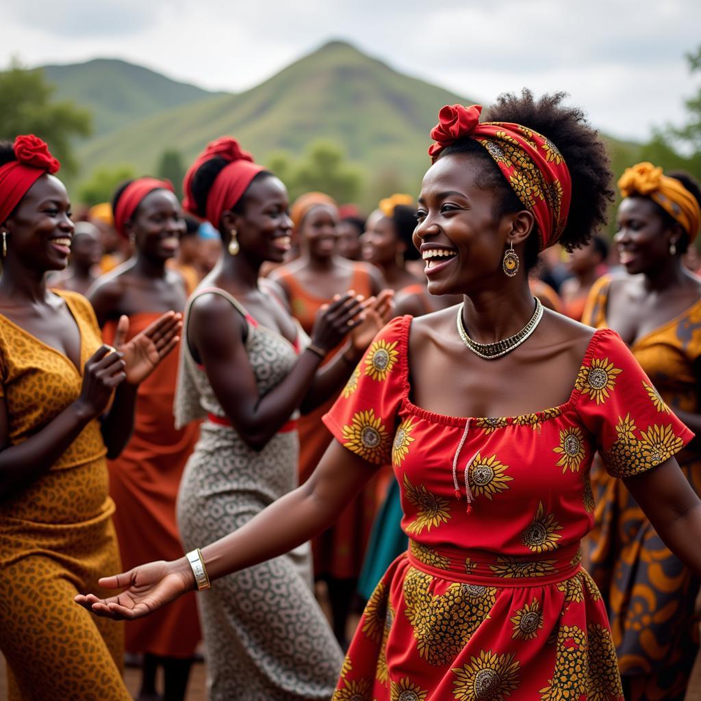 West African women celebrating with song and dance