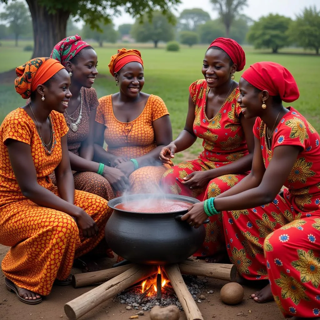 Women in colorful attire preparing a large pot of West African red tea