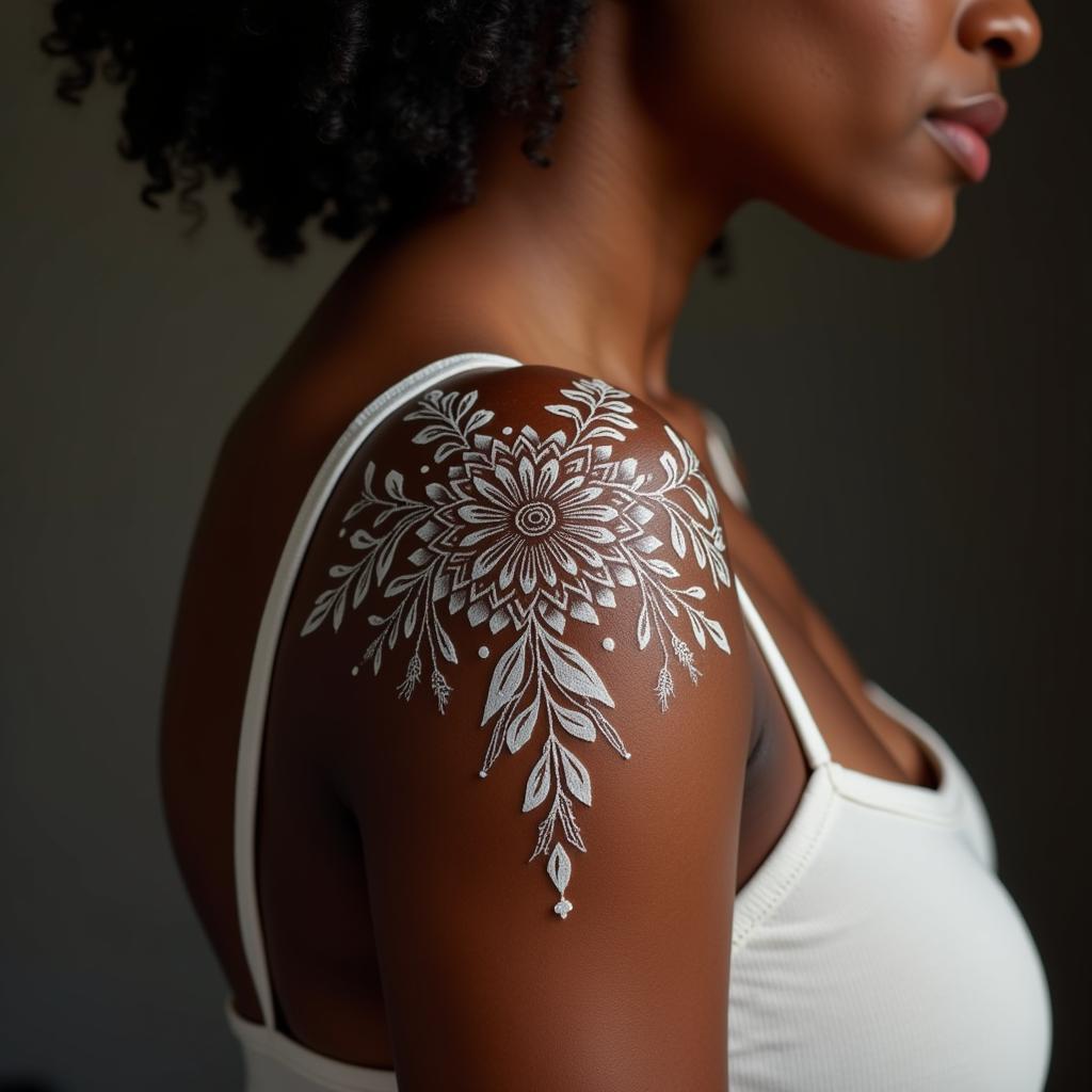 African American woman with intricate white ink tattoo