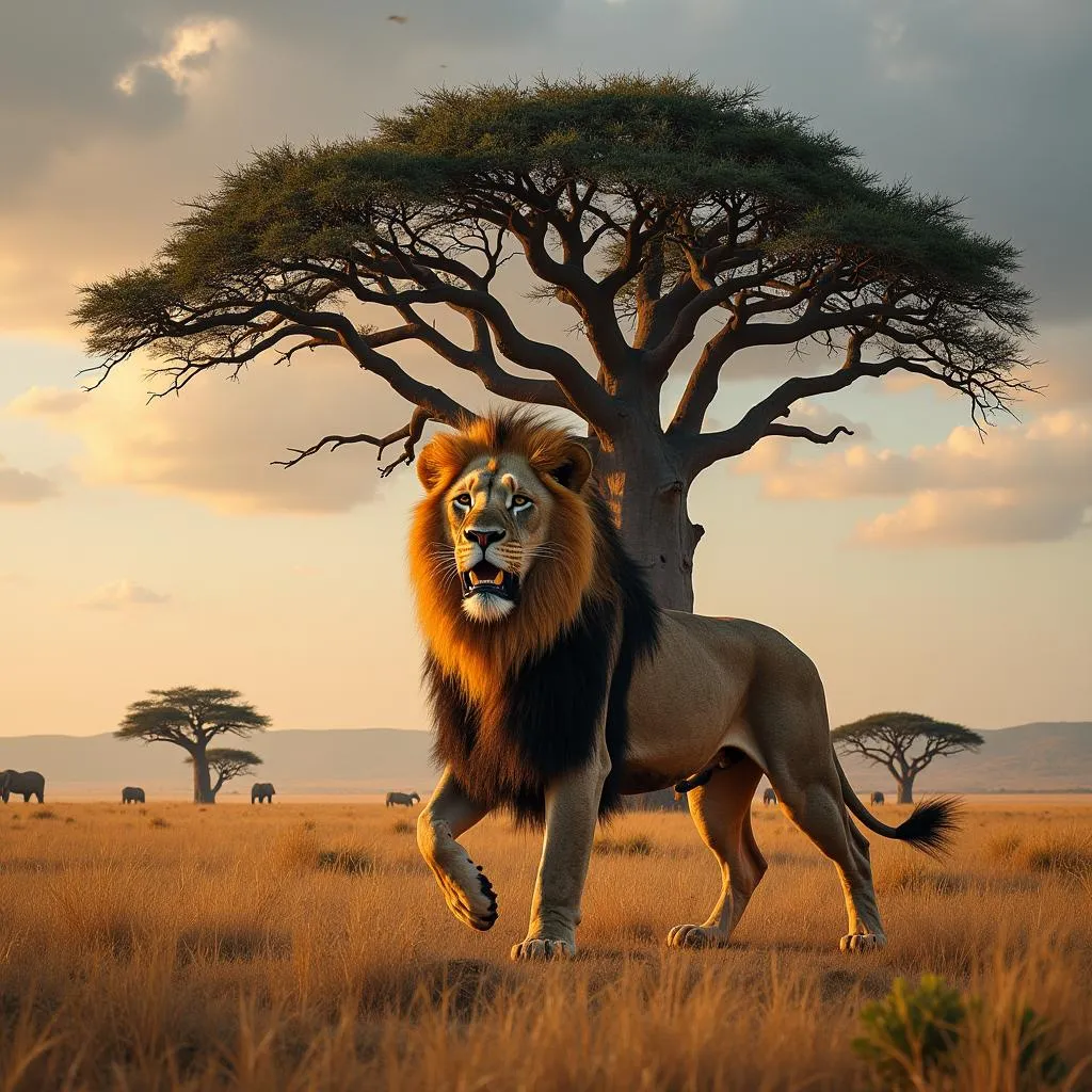 A majestic lion resting beneath a baobab tree