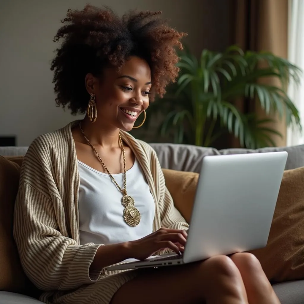 Woman browsing African inspired jewellery in an online shop