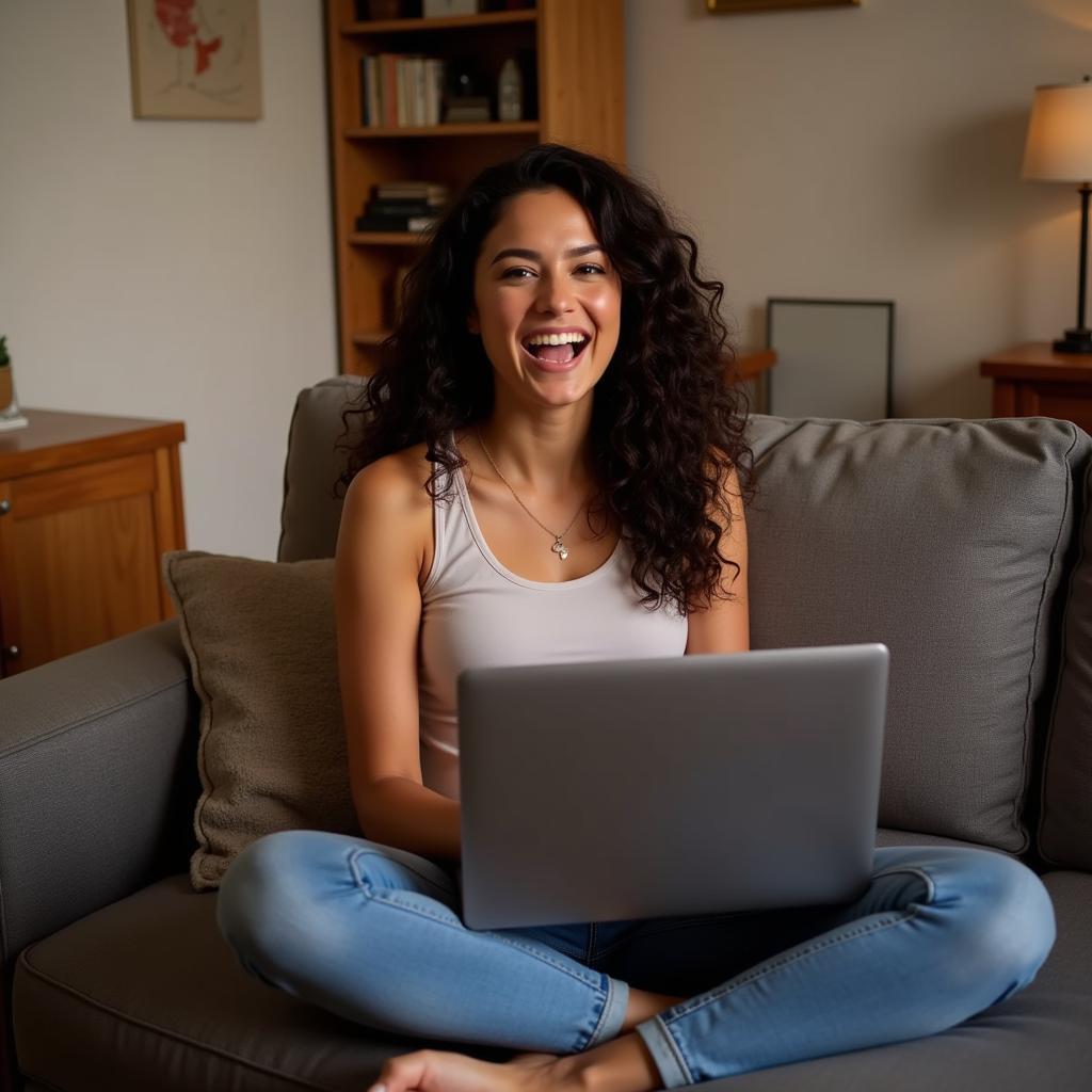 Woman Downloading African Beats Zumba Music on Laptop