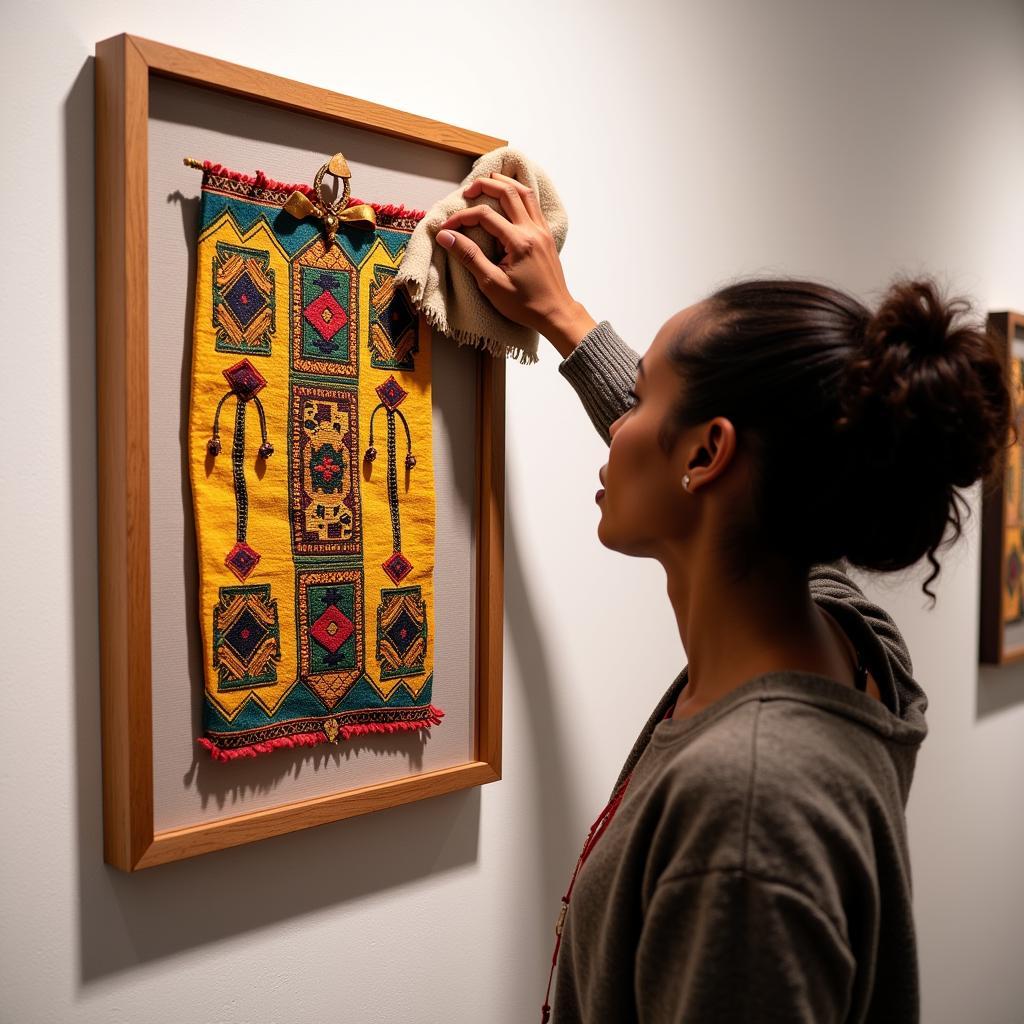 Woman Dusting Framed African Textile