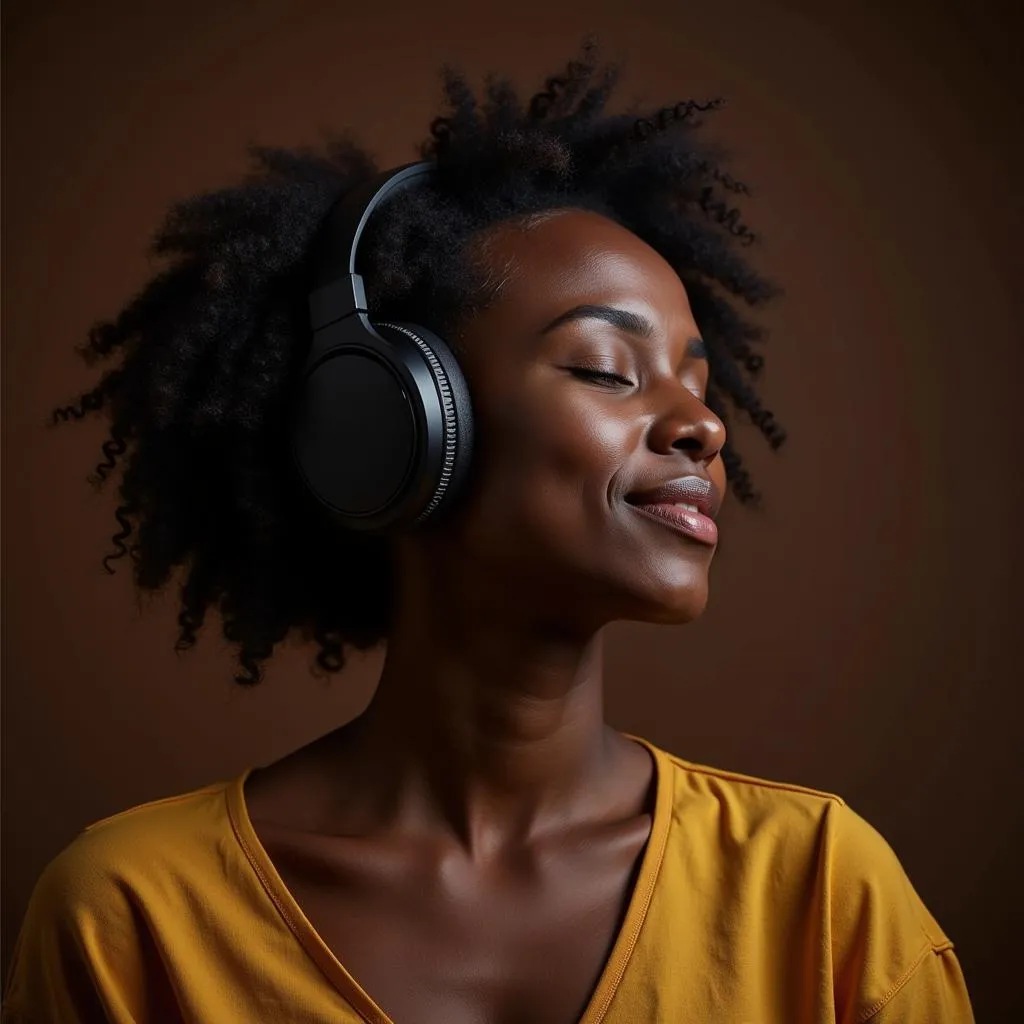 Woman finding peace listening to African gospel on headphones