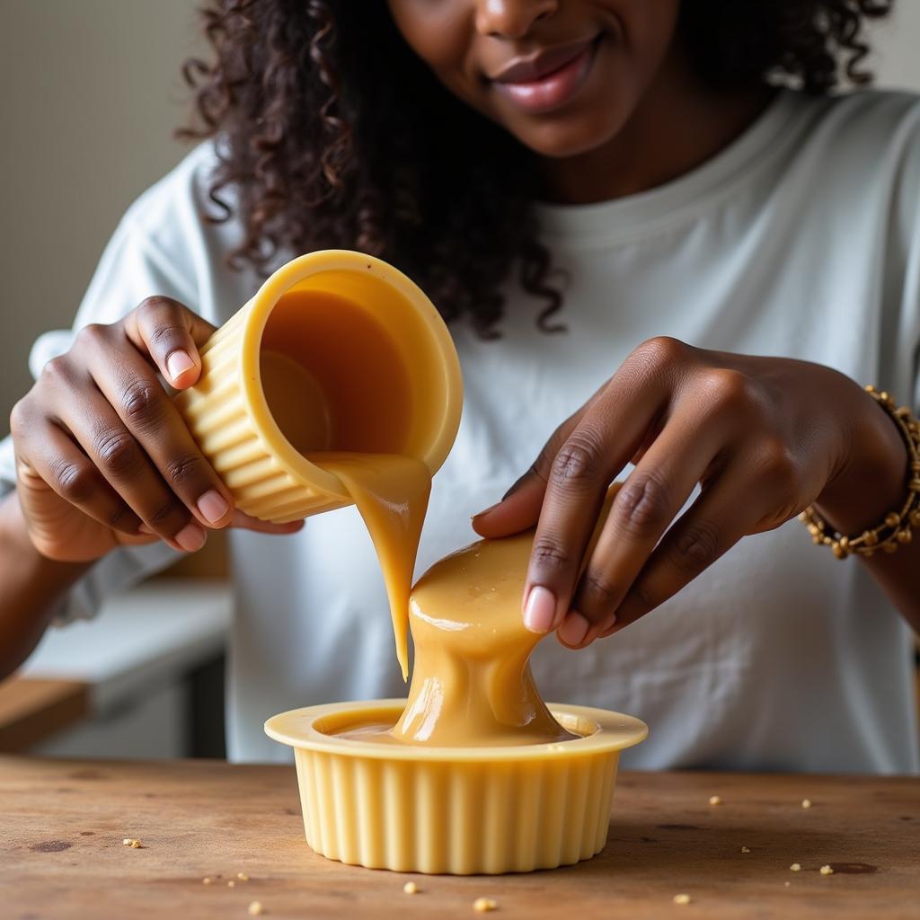 A Woman Carefully Pours Melted Soap Base into a Mold