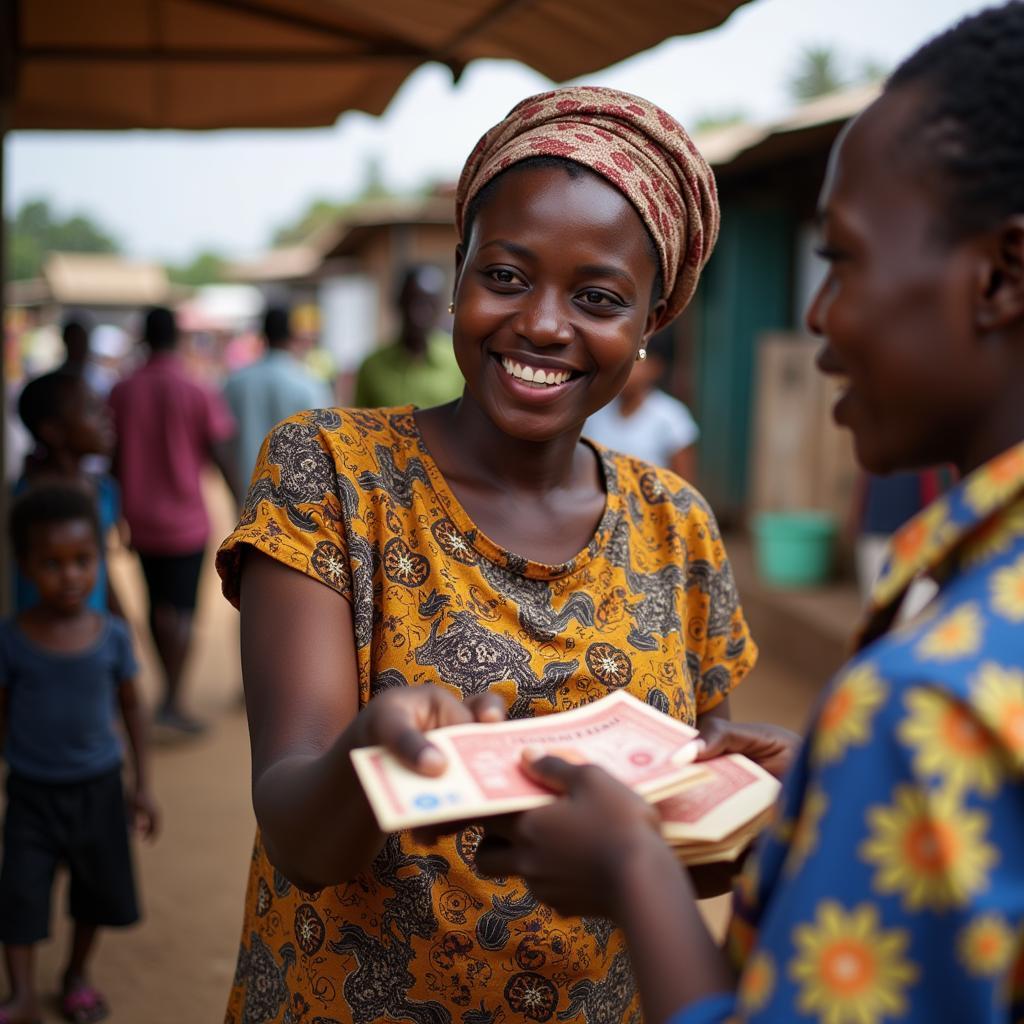 A Nigerian woman using Naira banknotes to pay for goods at a market stall