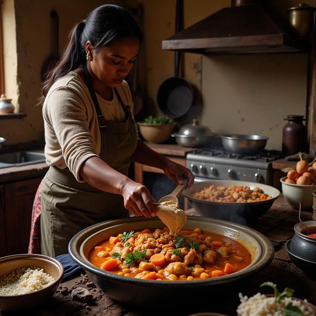 Woman Preparing Doro Wat in a Traditional Ethiopian Kitchen