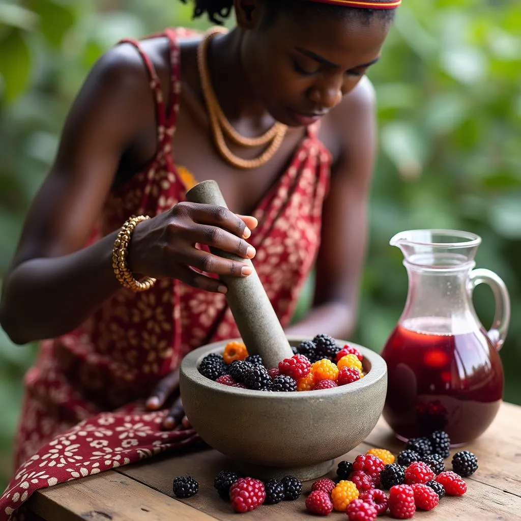 Woman making a traditional African beverage using local berries