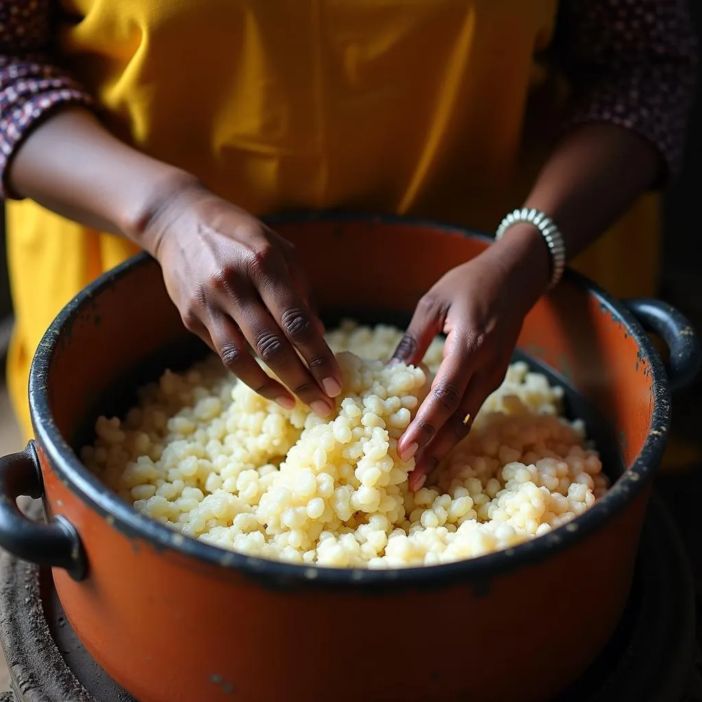 Woman preparing Ugali in East Africa