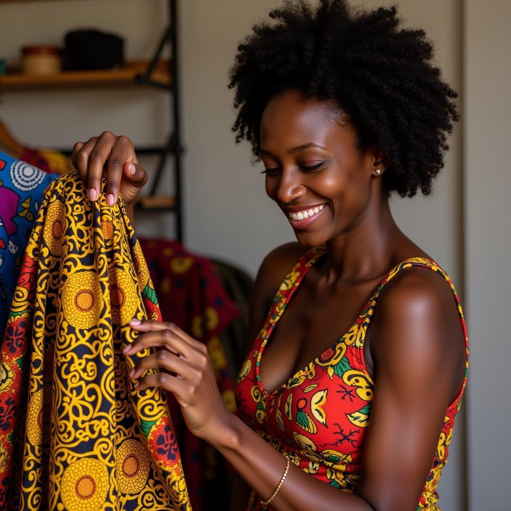 A woman selecting fabric for her African fashion gown