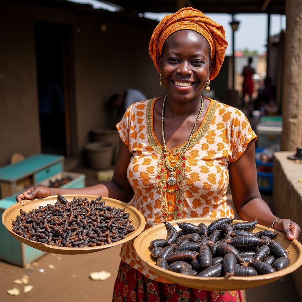  A woman selling various edible larvae at a local African market