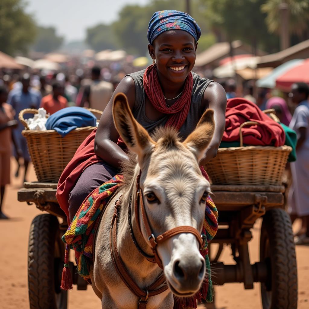 Woman selling goods from her donkey cart in a bustling African market