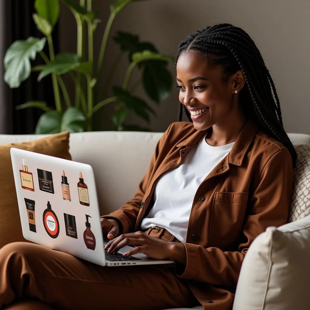 Woman browsing African cosmetic products on a laptop