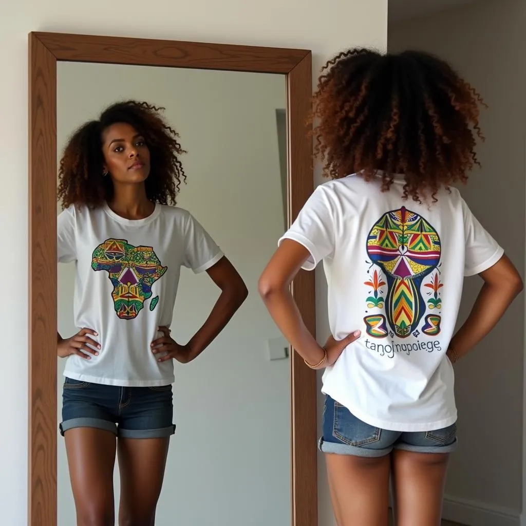 Woman trying on different African beach t-shirts.