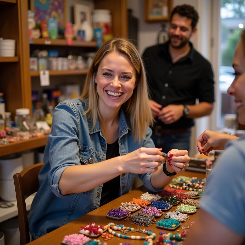 A woman trying on a handcrafted African bracelet in a Cape Town shop