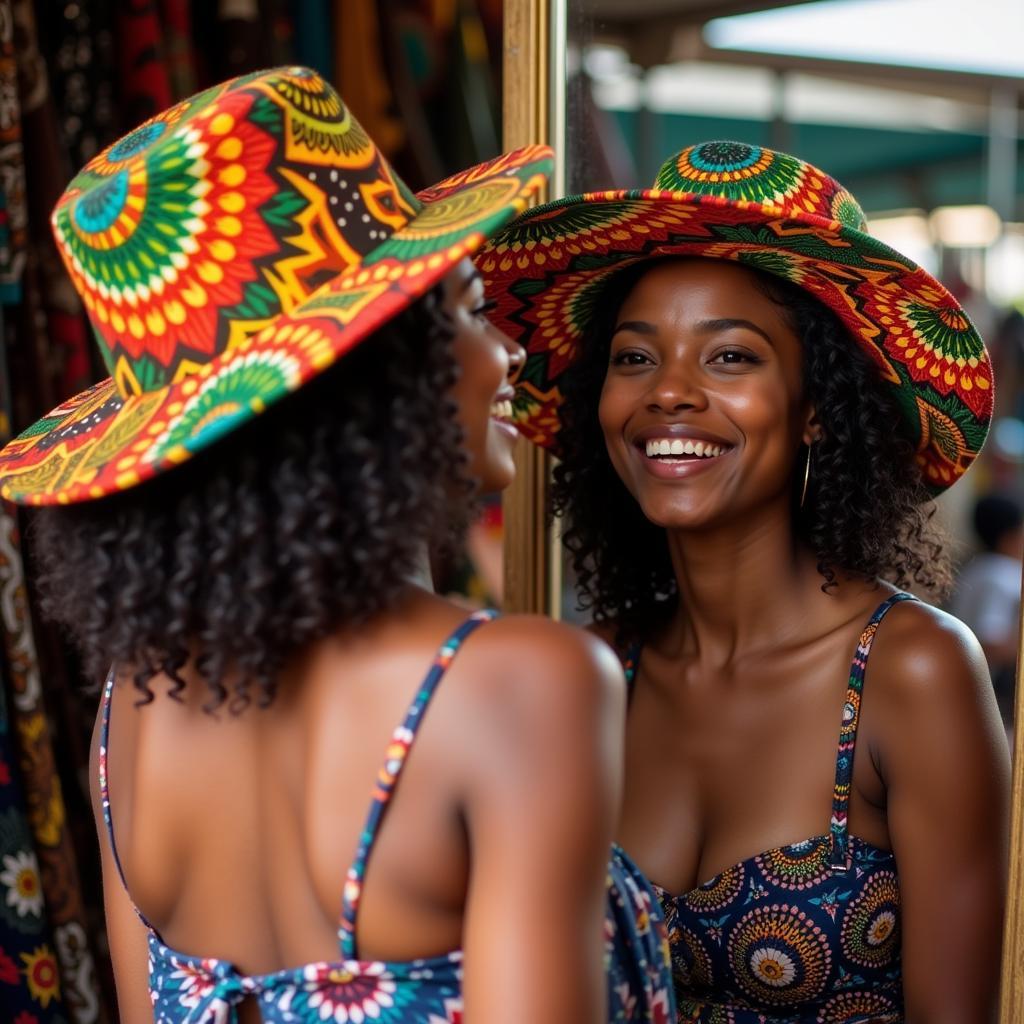 Woman trying on a vibrant African hat in a Johannesburg market