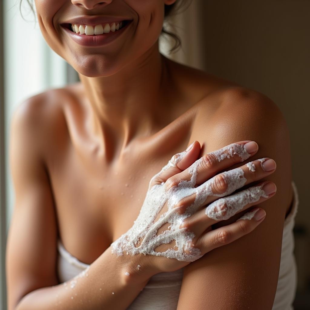 Woman washing her underarms with African black soap