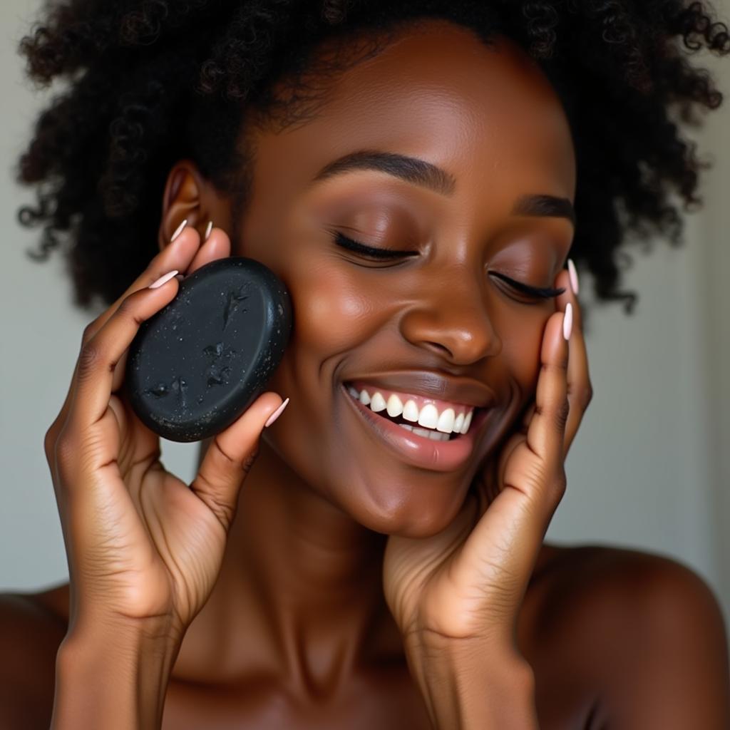 Woman using African black soap on face