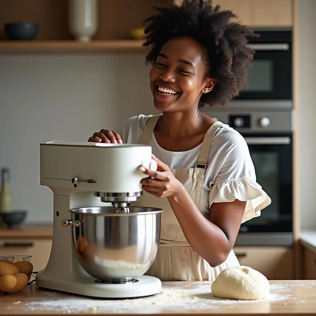 Woman Using Dough Kneading Machine for African Recipe