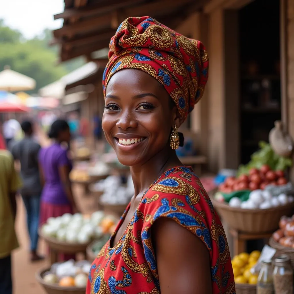 Woman with Colorful Headwrap in Marketplace