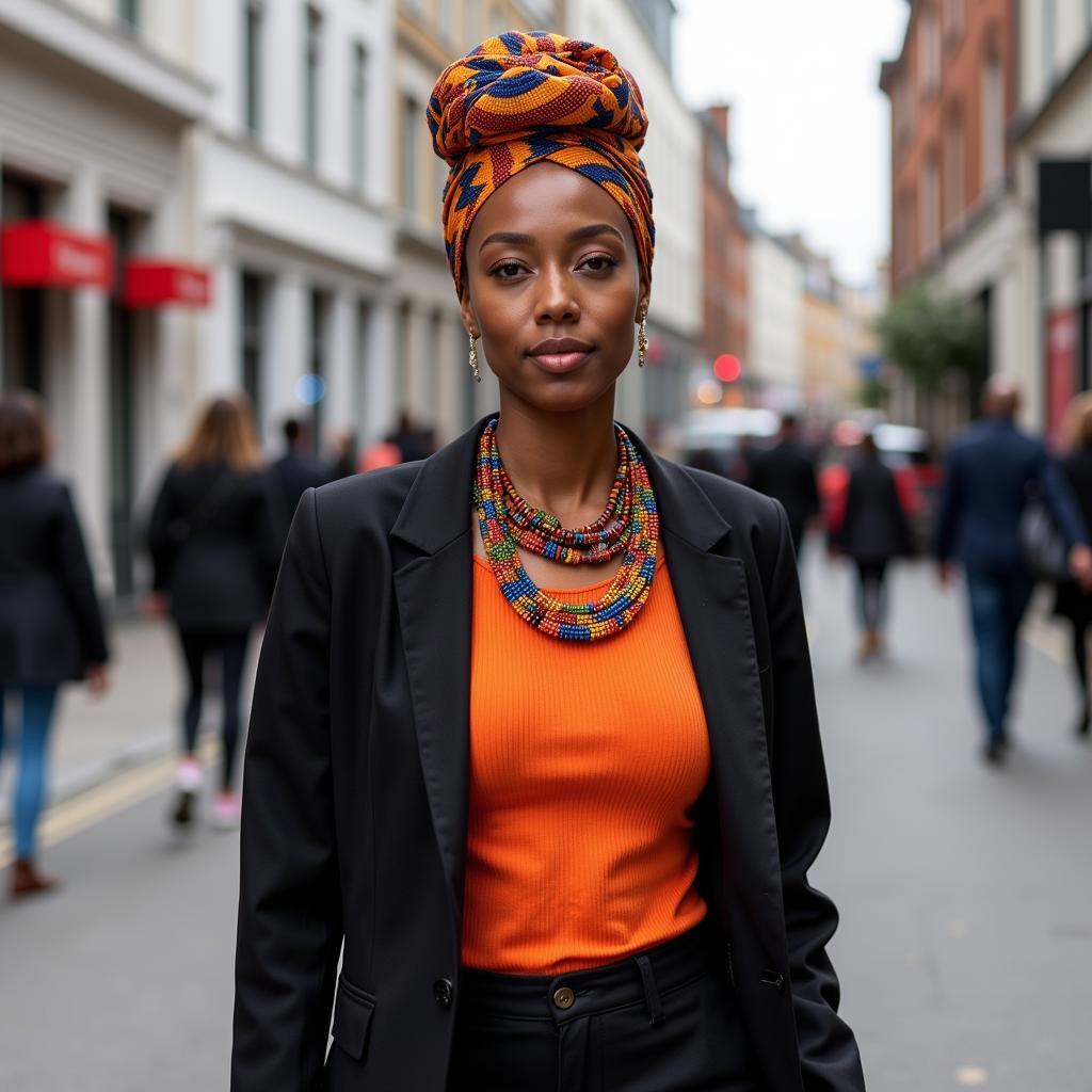 A stylish woman in London effortlessly rocking a mix of African accessories