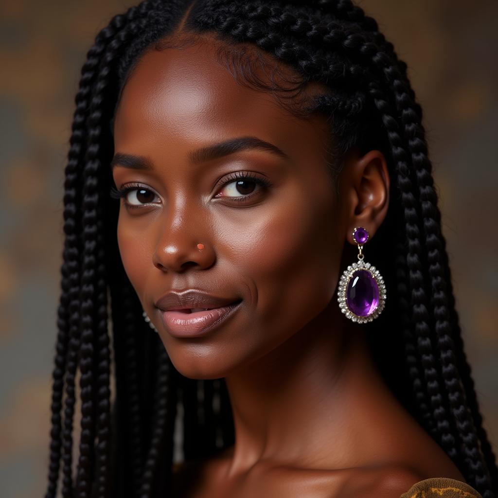 Woman wearing African amethyst earrings