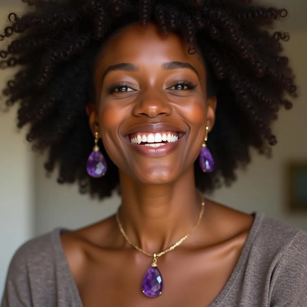 Woman Wearing African Amethyst Pendant