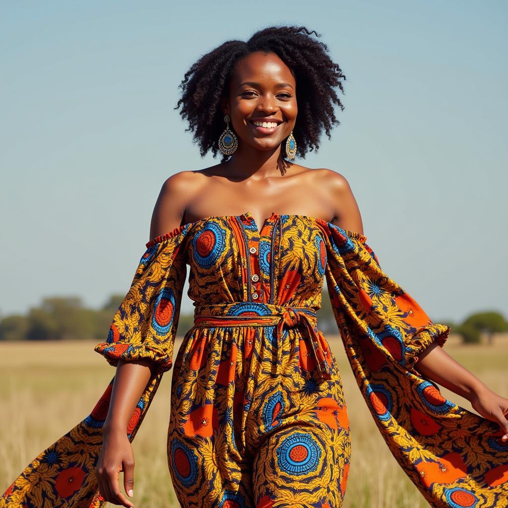 A woman wearing a flowing African print dress