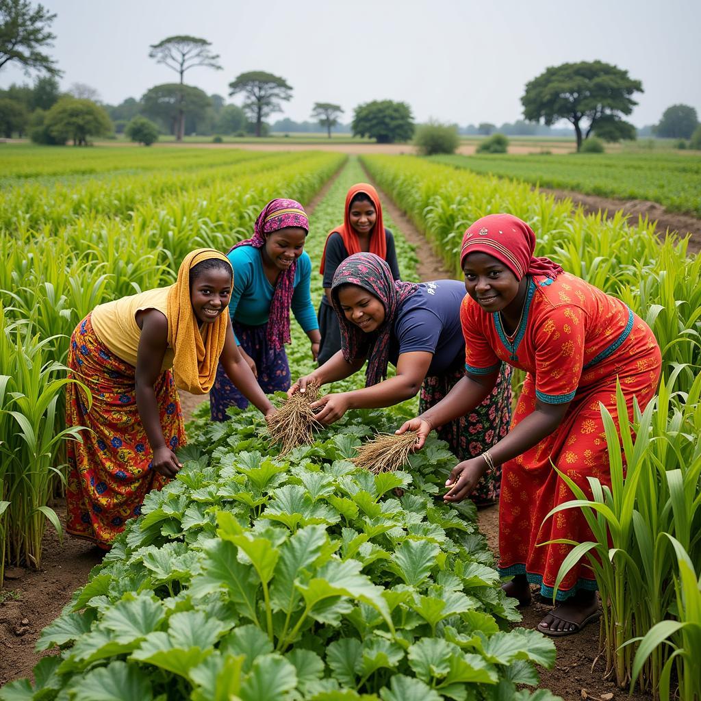 Women farmers tending to crops in rural Ghana