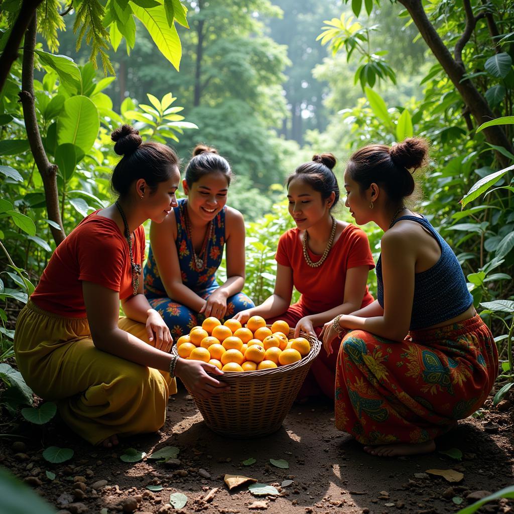 Women Gathering Fruit in an African Village