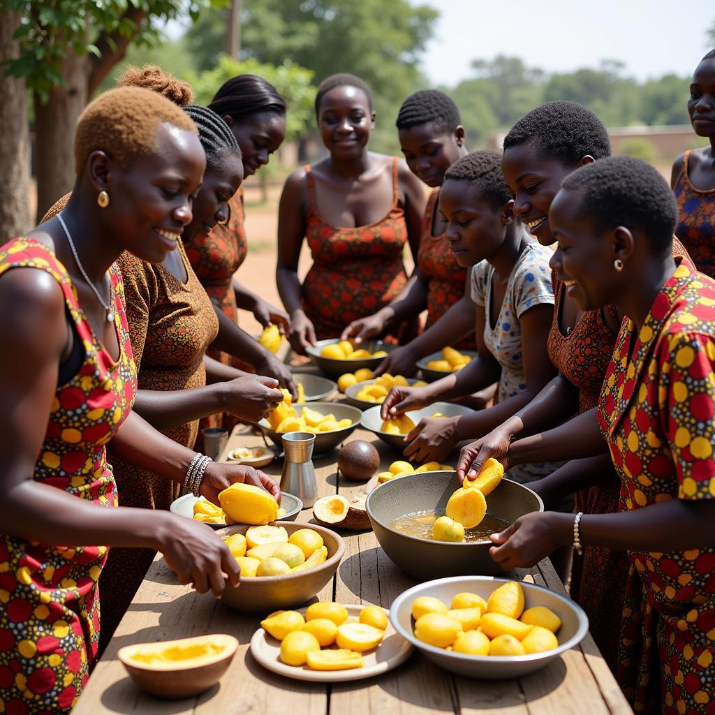 A group of women in colorful attire preparing African breadfruit for a traditional celebration.