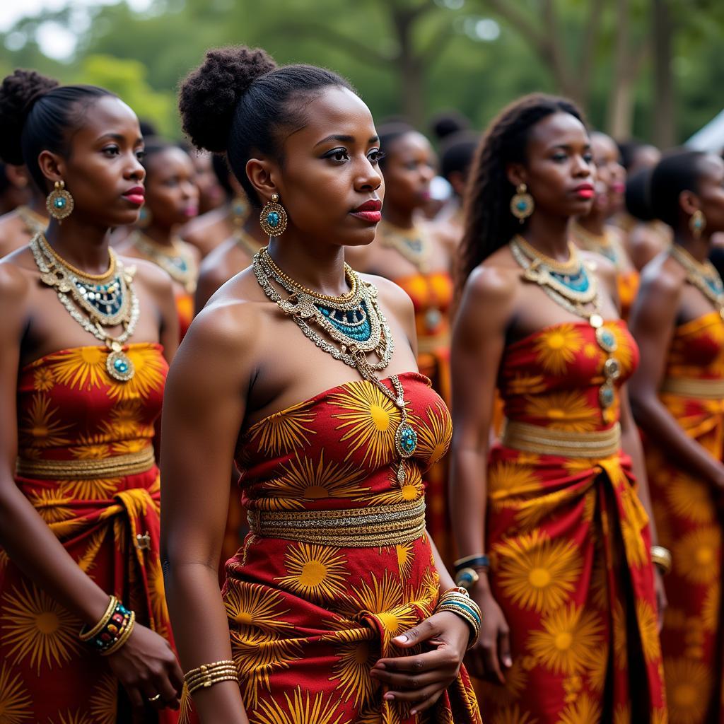 Women in vibrant Kente cloth at a traditional ceremony