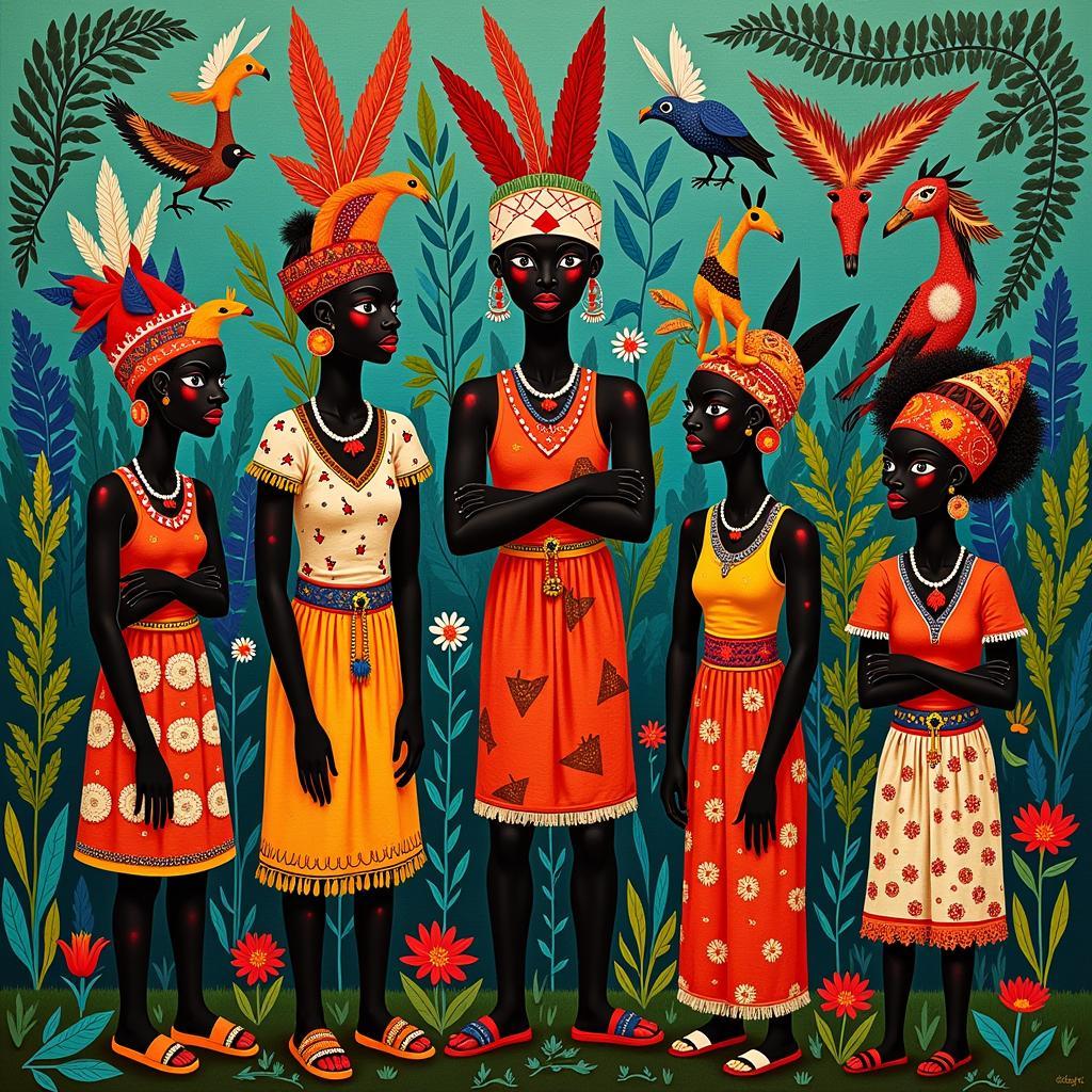 Yoruba forest painting depicting ancestral spirits and wildlife