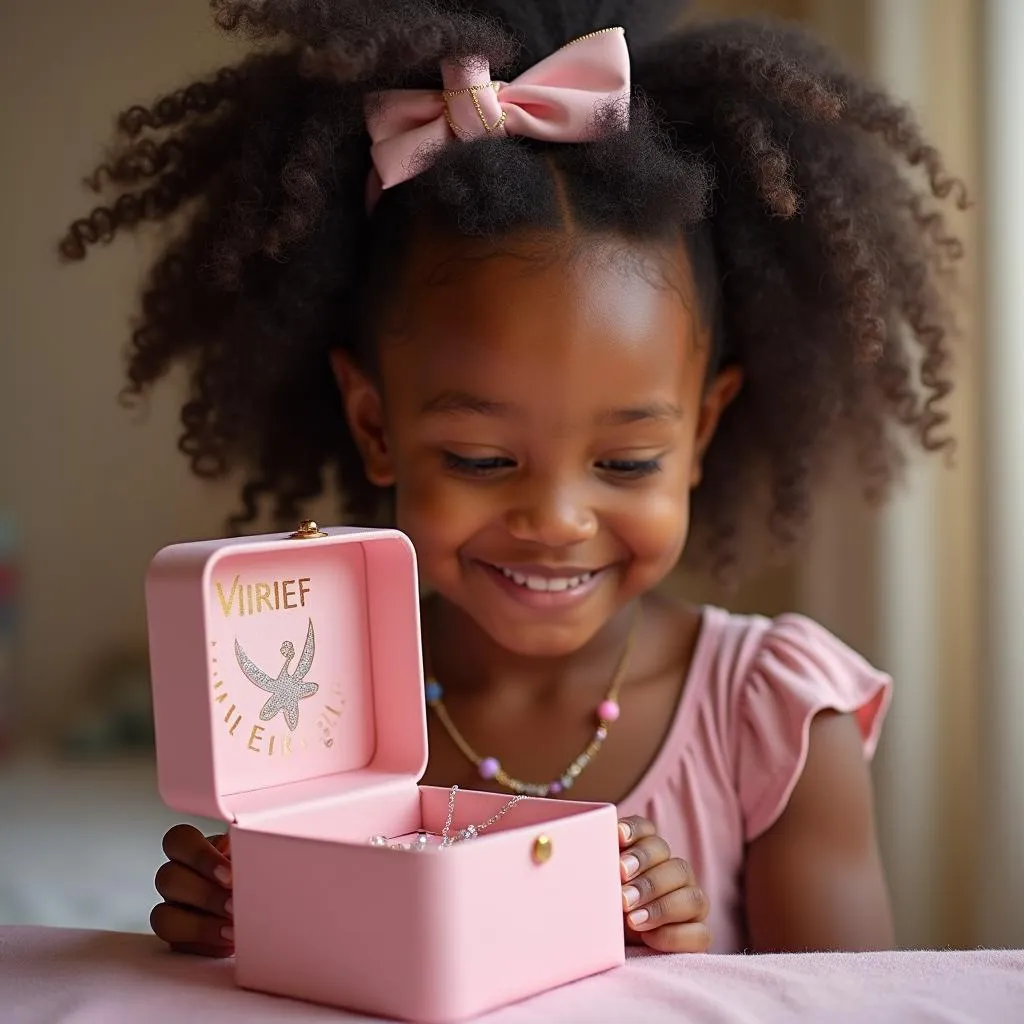 Young African American girl admiring her ballerina jewelry box