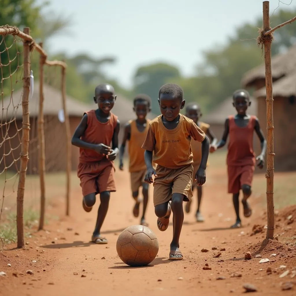 Young African children playing football with makeshift goalposts