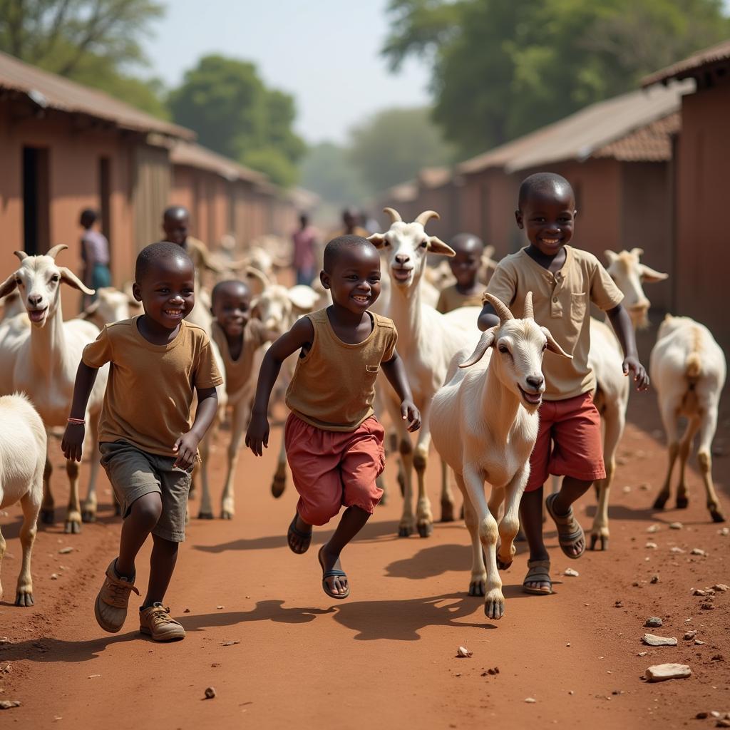 Young African children playfully interacting with goats