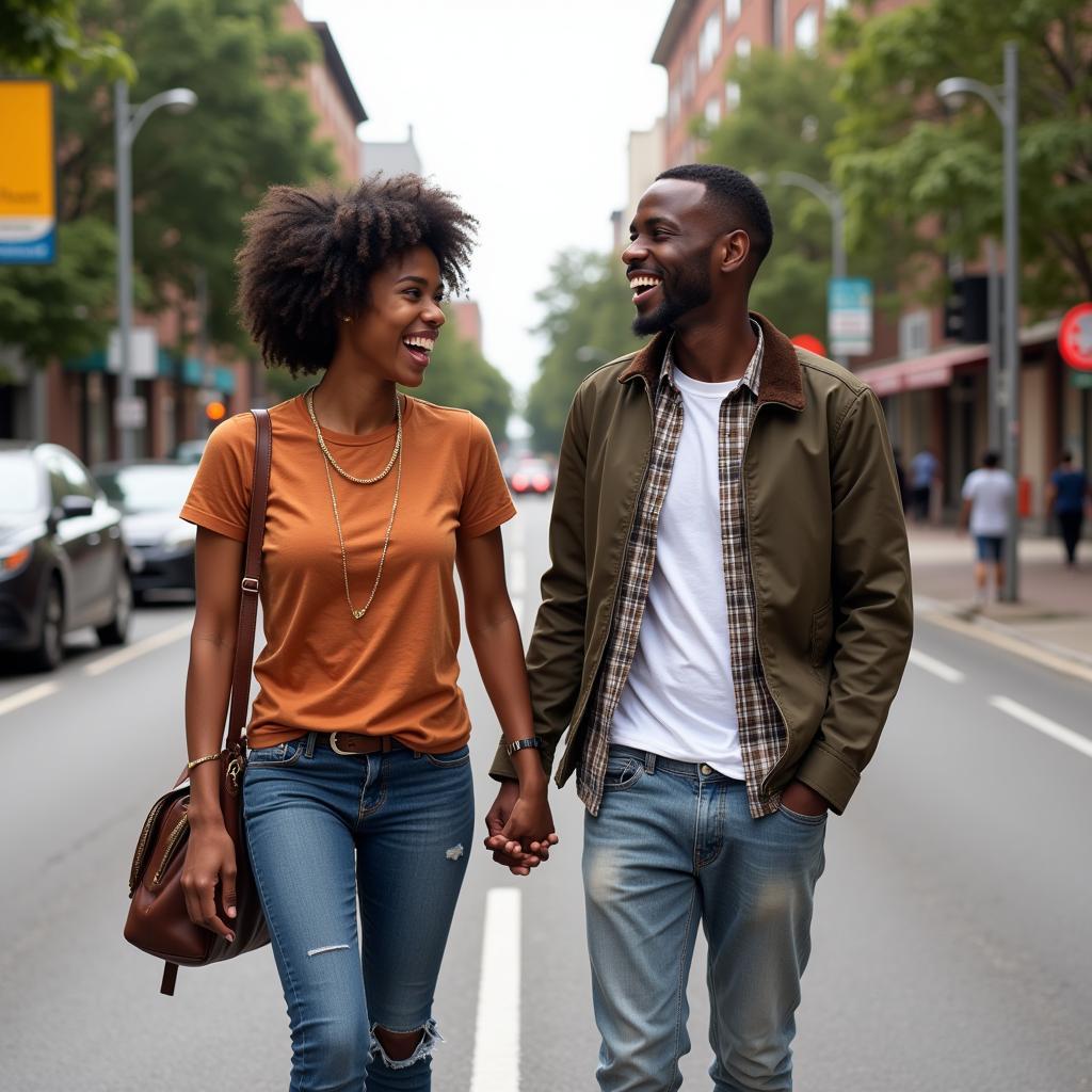 Young African couple laughing on a city street