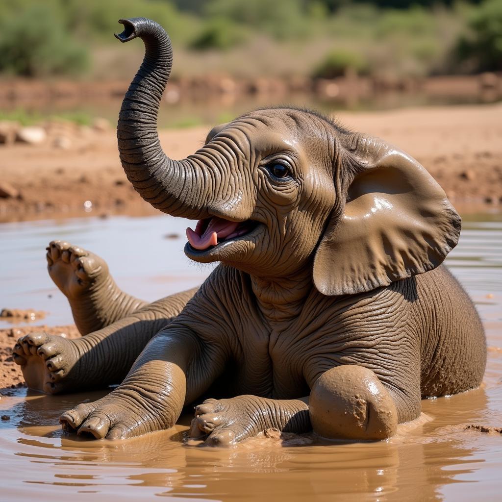 Young African Elephant Playing in Mud