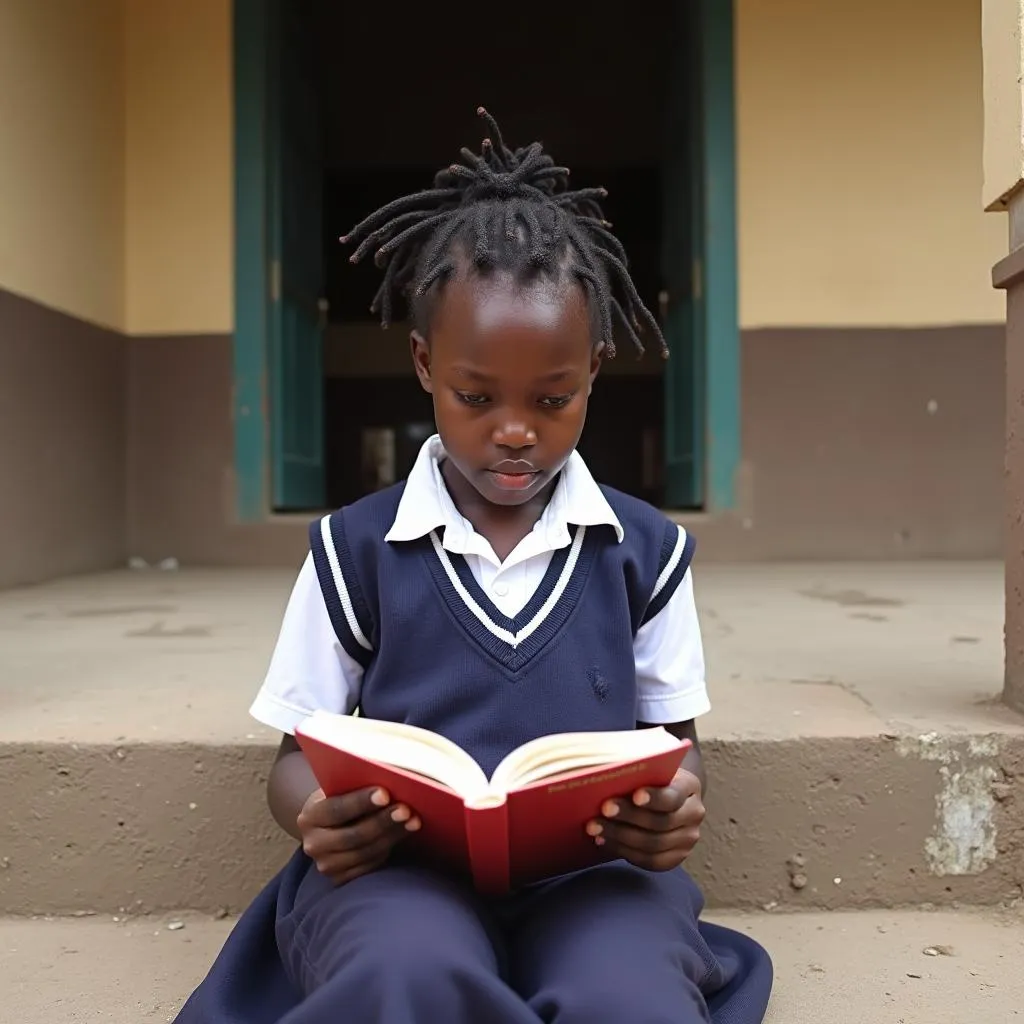 Young African Girl Reading a Book