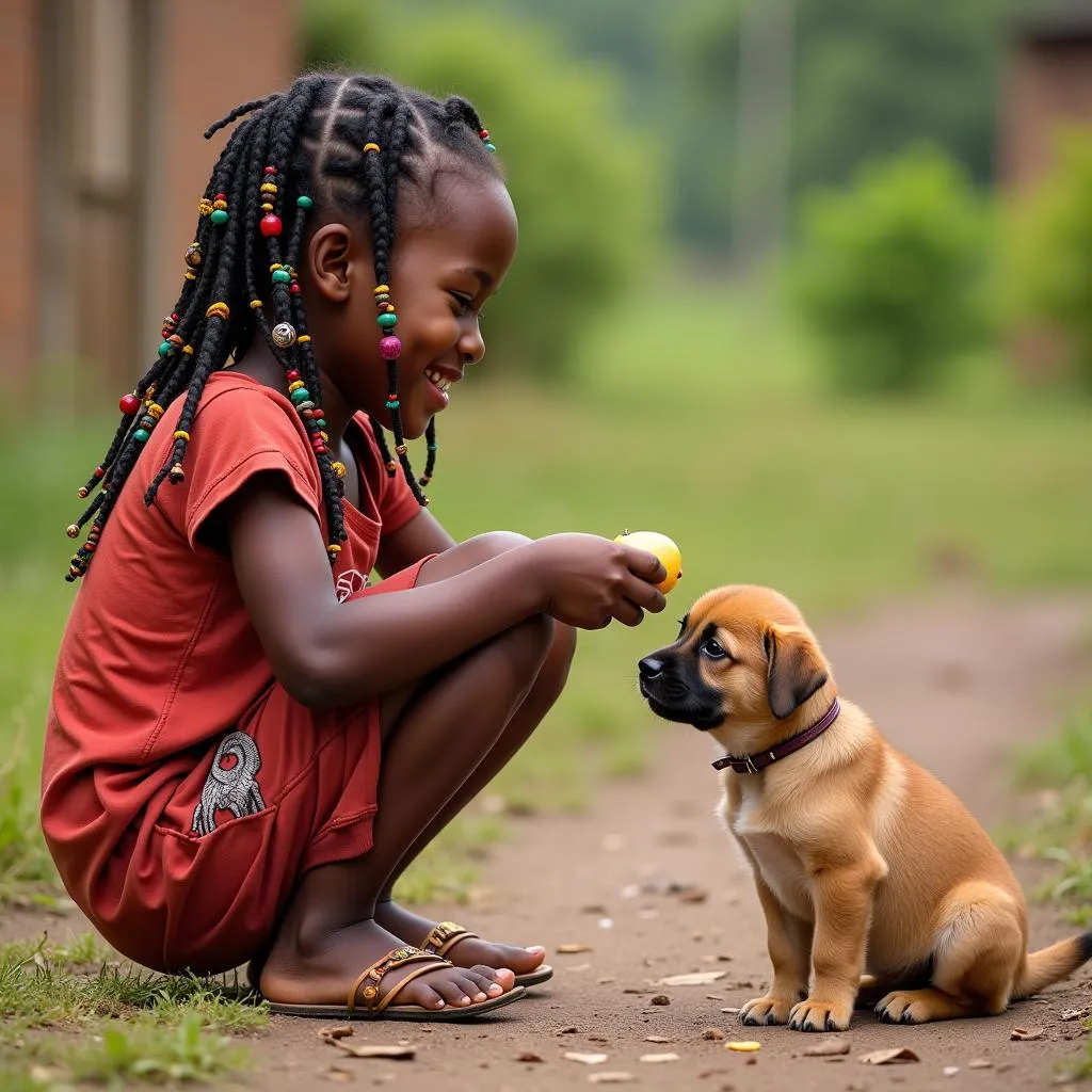 Young African Girl Sharing Food with Puppy