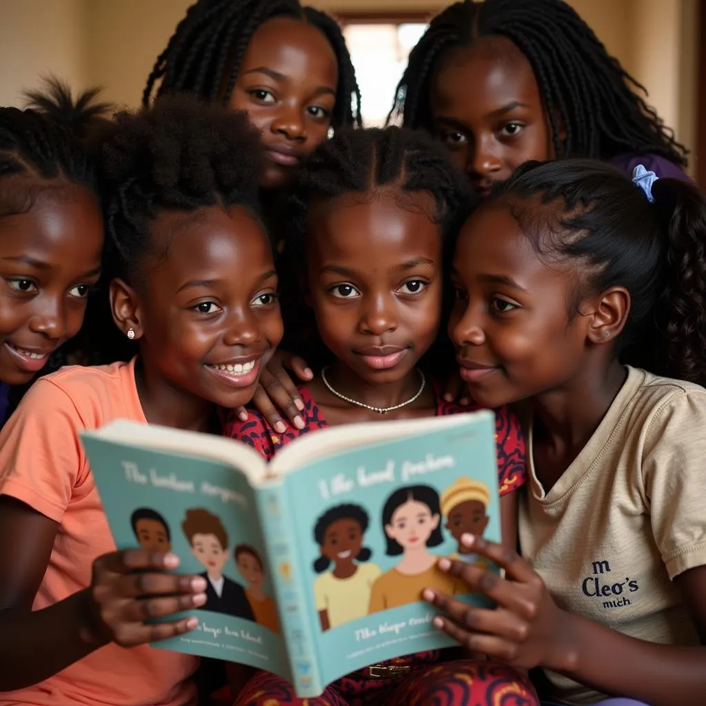 Young African girls reading a book about female activists