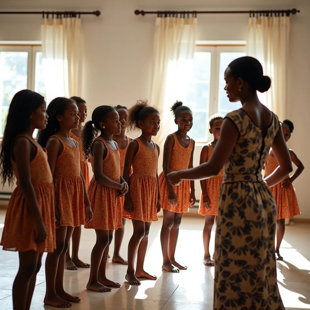 Young African Girls Learning Traditional Dance