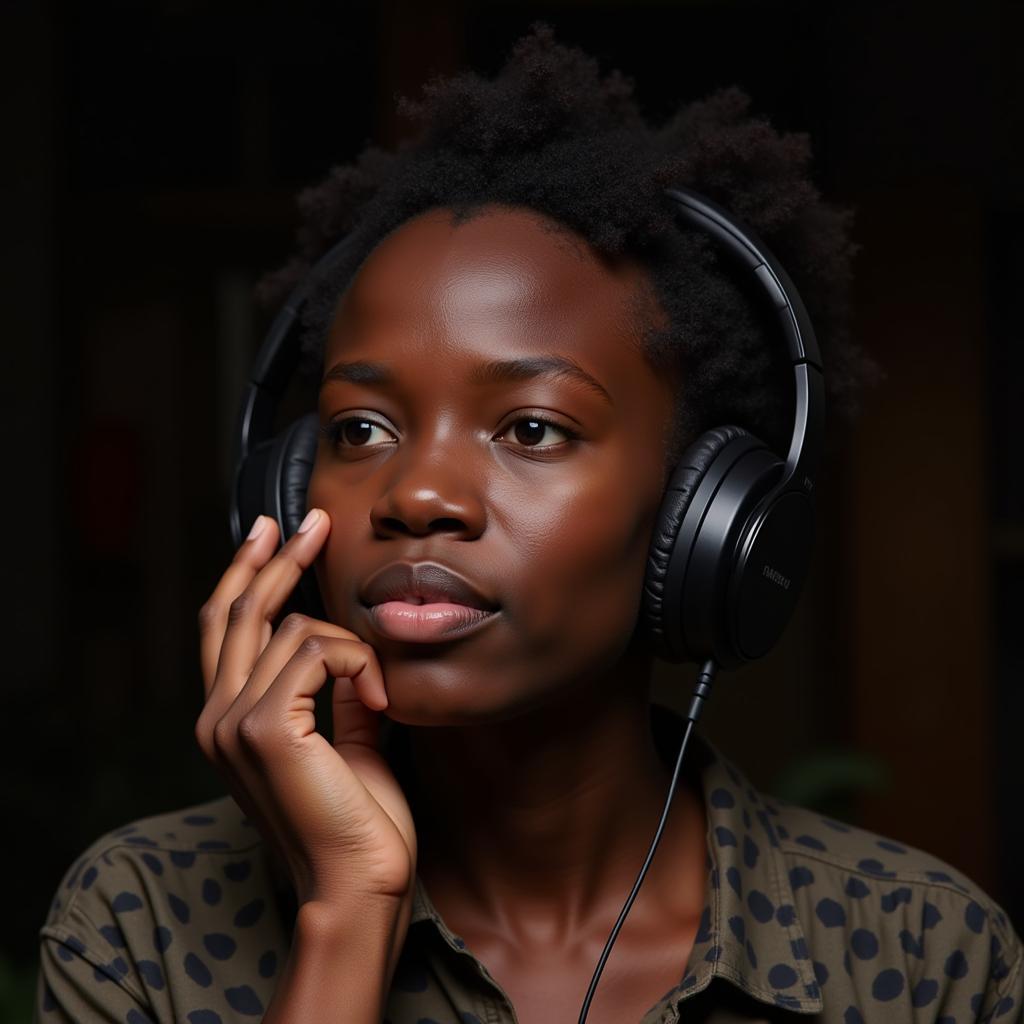 Young African Listening to Music on Headphones