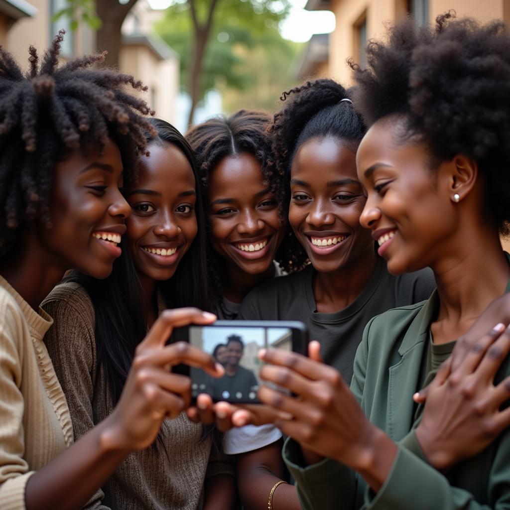 Young Africans collaborating on creating funny video content using a smartphone