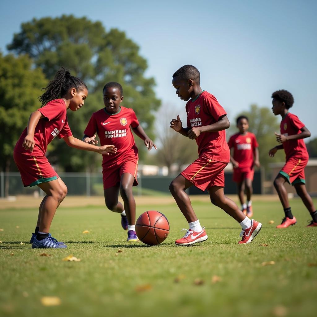 Young African American Athletes Training on Football Field